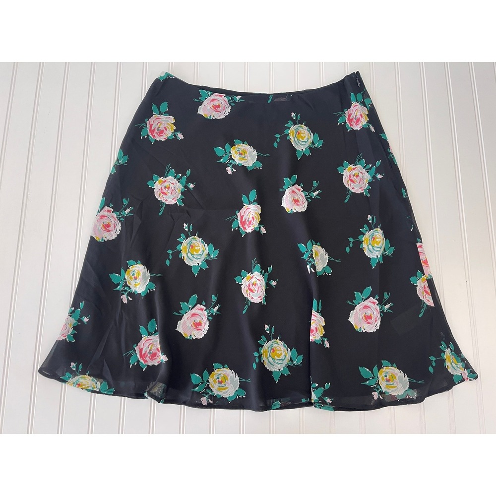 Boden Black Floral A-Line Skirt Pink Rose Chiffon Lined Womens Size 10